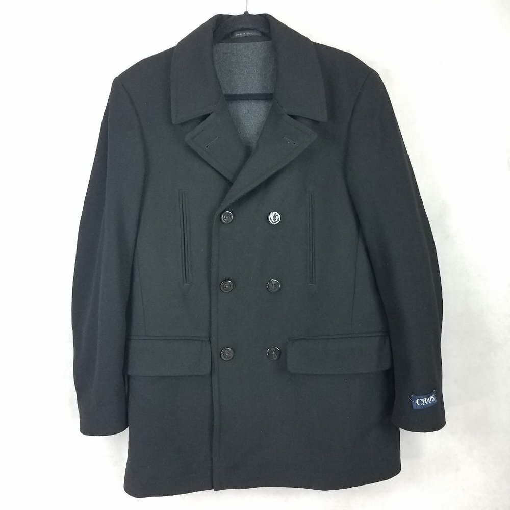 NWT Chaps Overcoat Double Breasted Wool Pea Coat Classic Insulated Black Men 38R